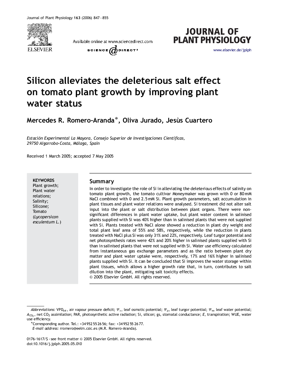 Silicon alleviates the deleterious salt effect on tomato plant growth by improving plant water status