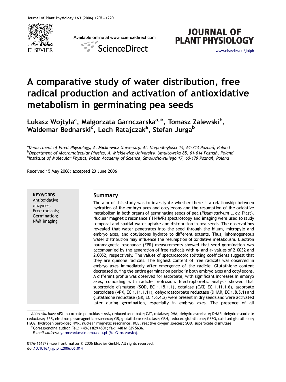 عکس صفحه اول مقاله: A comparative study of water distribution, free radical production and activation of antioxidative metabolism in germinating pea seeds A comparative study of water distribution, free radical production and activation of antioxidative metabolism in germinating pea seeds