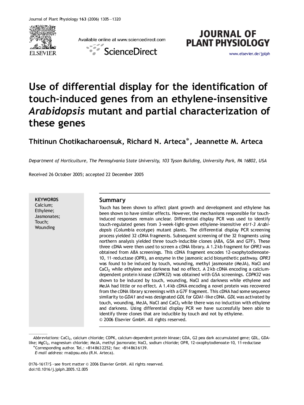 Use of differential display for the identification of touch-induced genes from an ethylene-insensitive Arabidopsis mutant and partial characterization of these genes