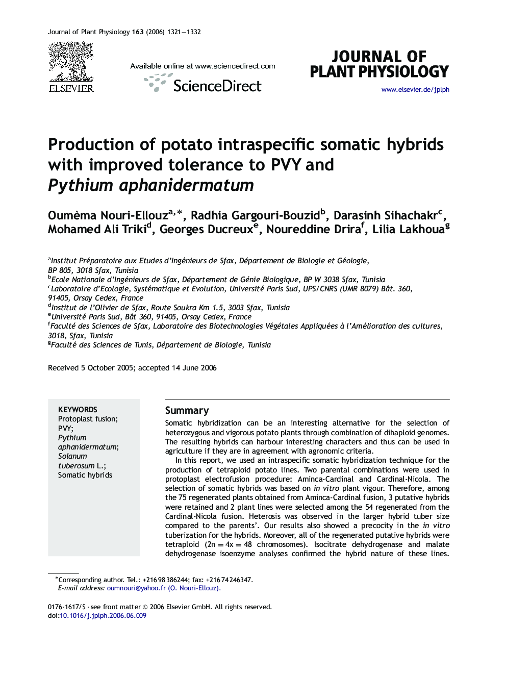 Production of potato intraspecific somatic hybrids with improved tolerance to PVY and Pythium aphanidermatum