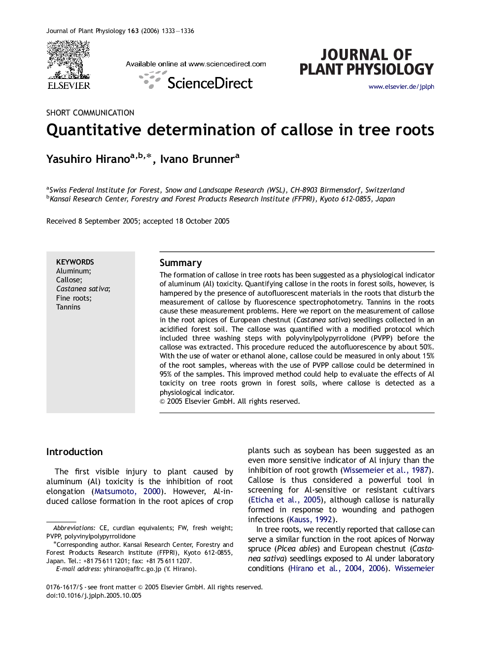 Quantitative determination of callose in tree roots