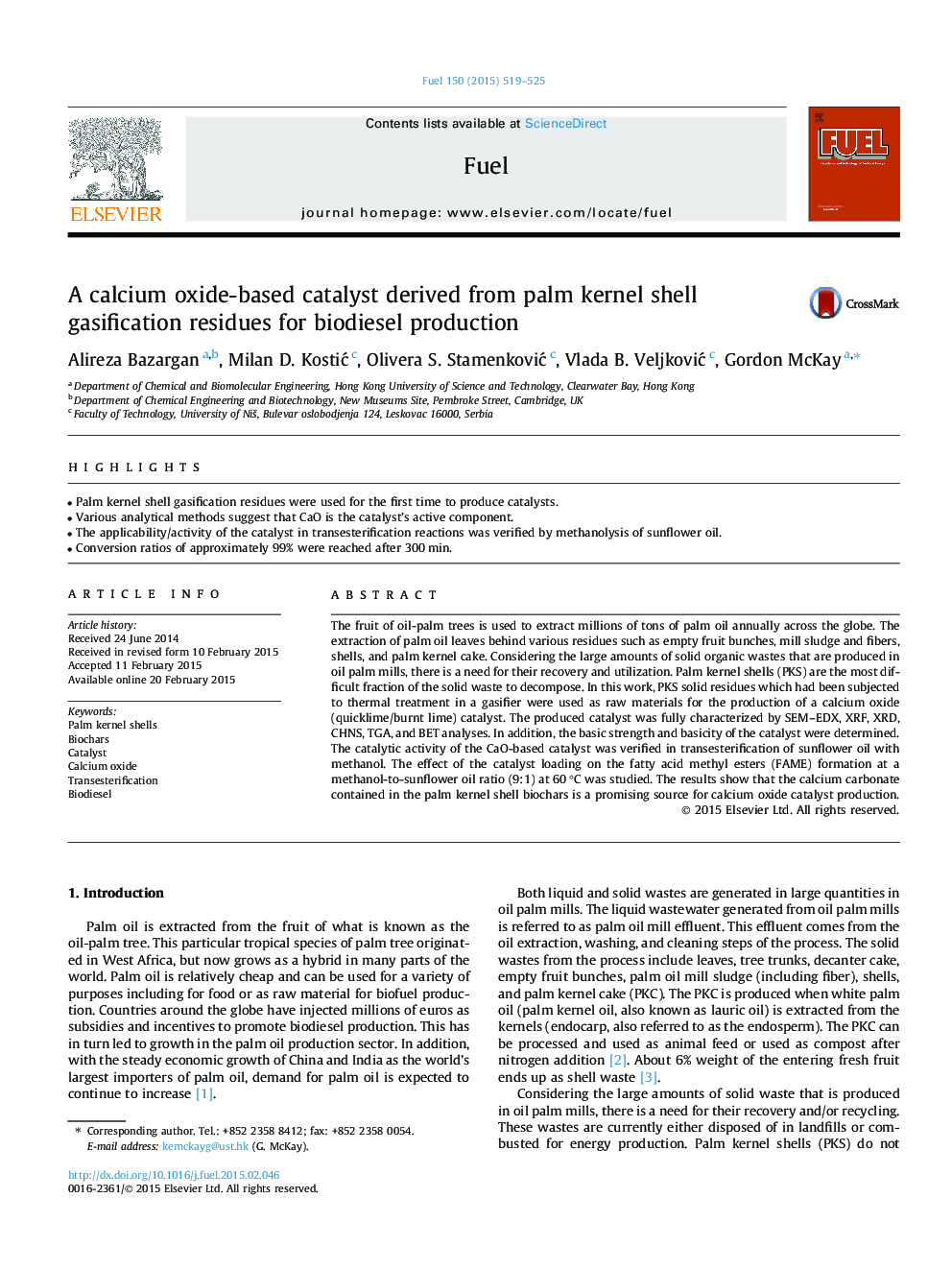 A calcium oxide-based catalyst derived from palm kernel shell gasification residues for biodiesel production