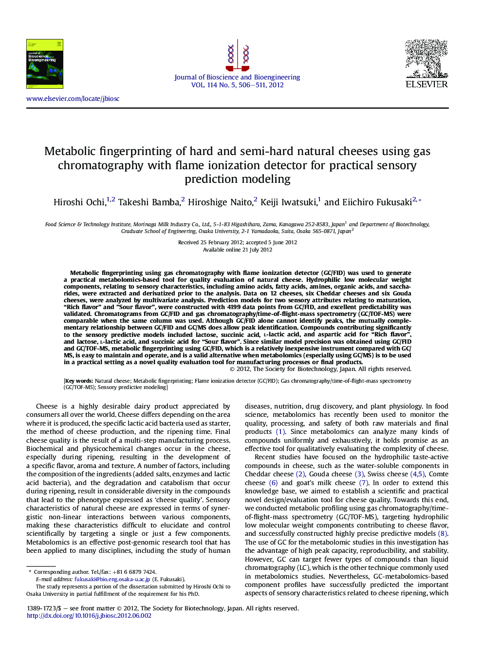 Metabolic fingerprinting of hard and semi-hard natural cheeses using gas chromatography with flame ionization detector for practical sensory prediction modeling 