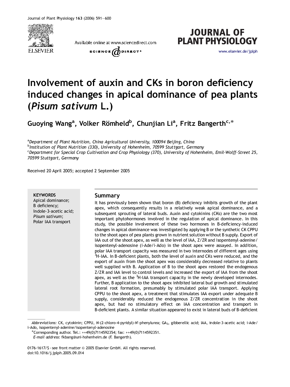 Involvement of auxin and CKs in boron deficiency induced changes in apical dominance of pea plants (Pisum sativum L.)