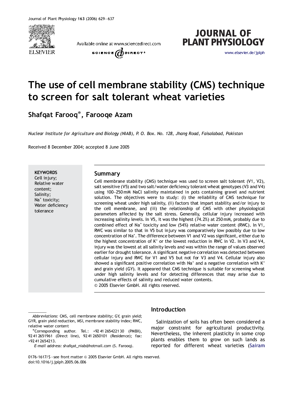 The use of cell membrane stability (CMS) technique to screen for salt tolerant wheat varieties