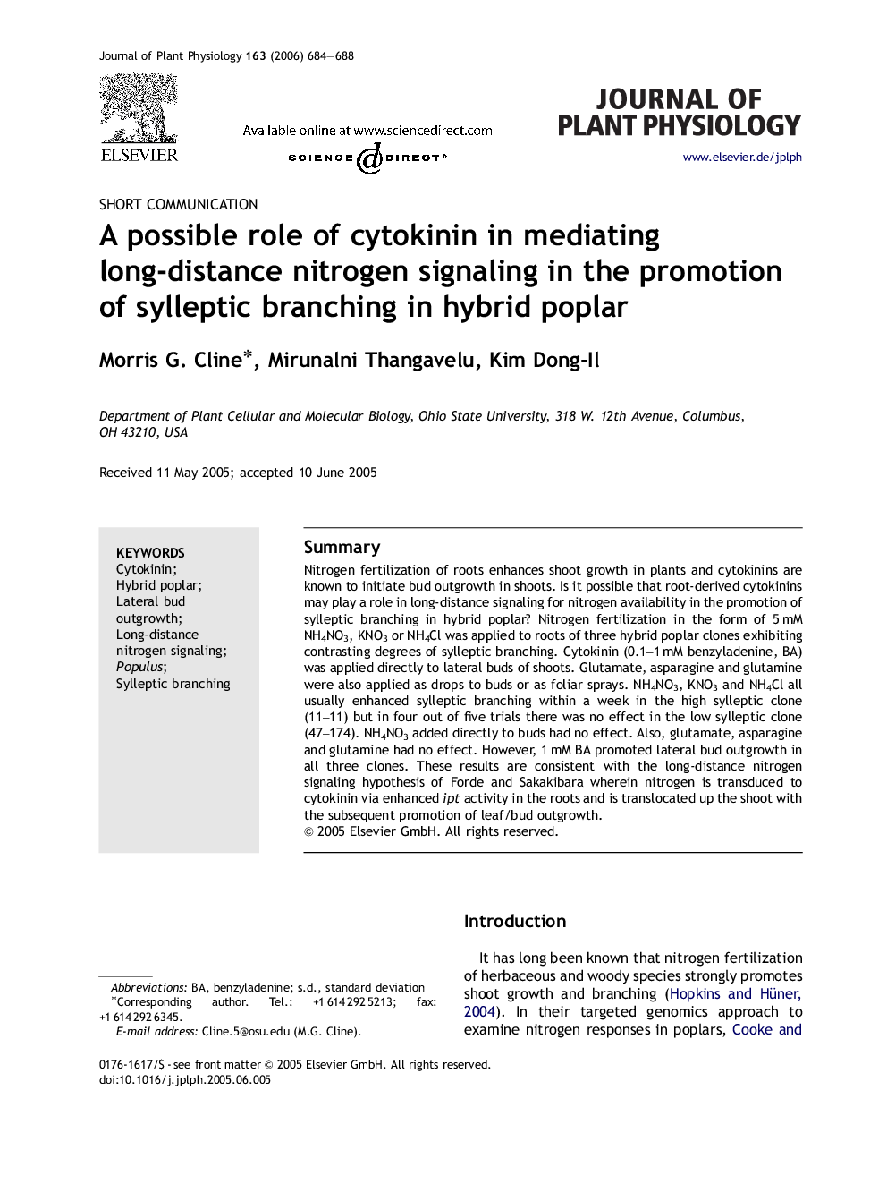 A possible role of cytokinin in mediating long-distance nitrogen signaling in the promotion of sylleptic branching in hybrid poplar