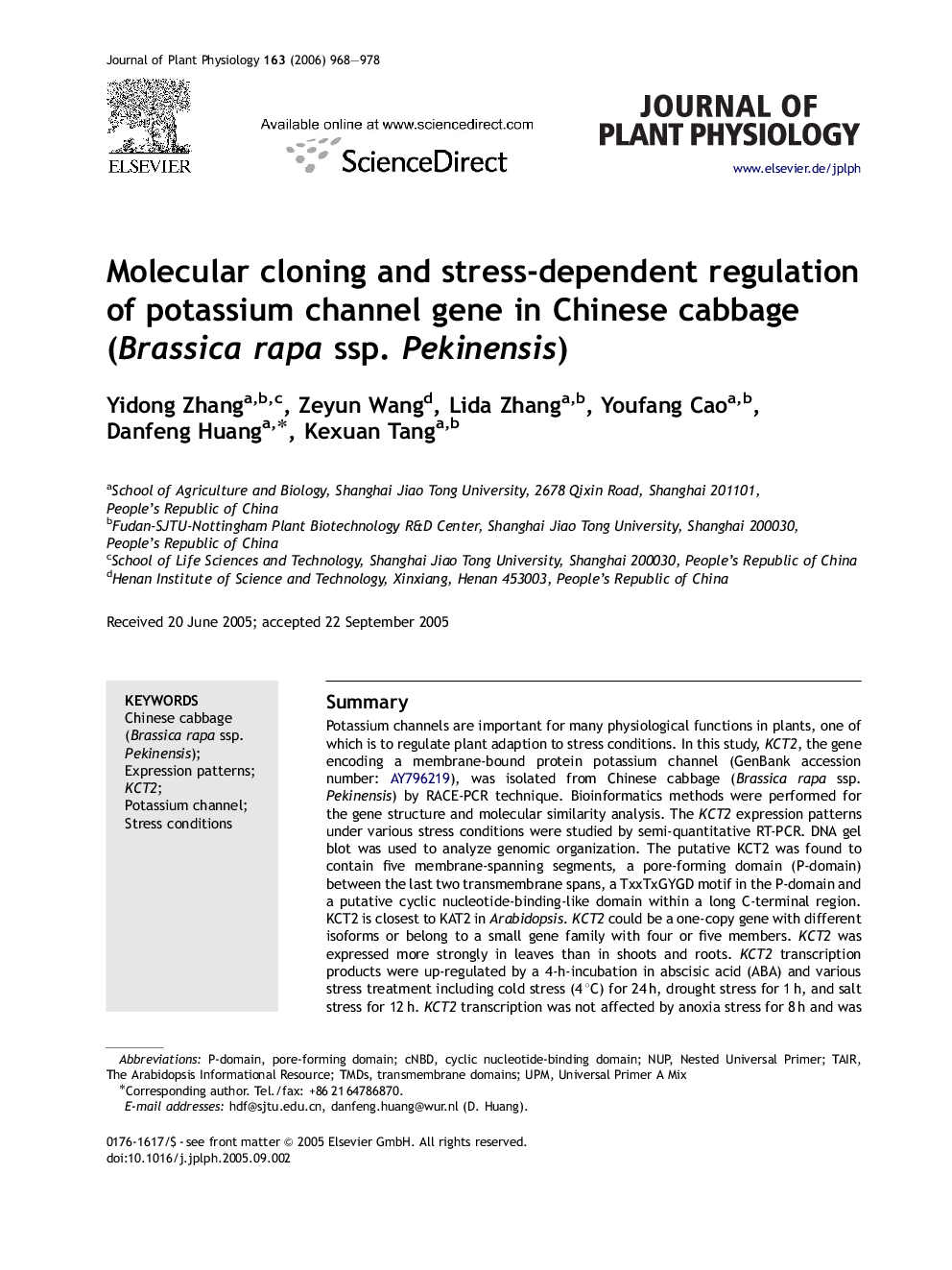 Molecular cloning and stress-dependent regulation of potassium channel gene in Chinese cabbage (Brassica rapa ssp. Pekinensis)