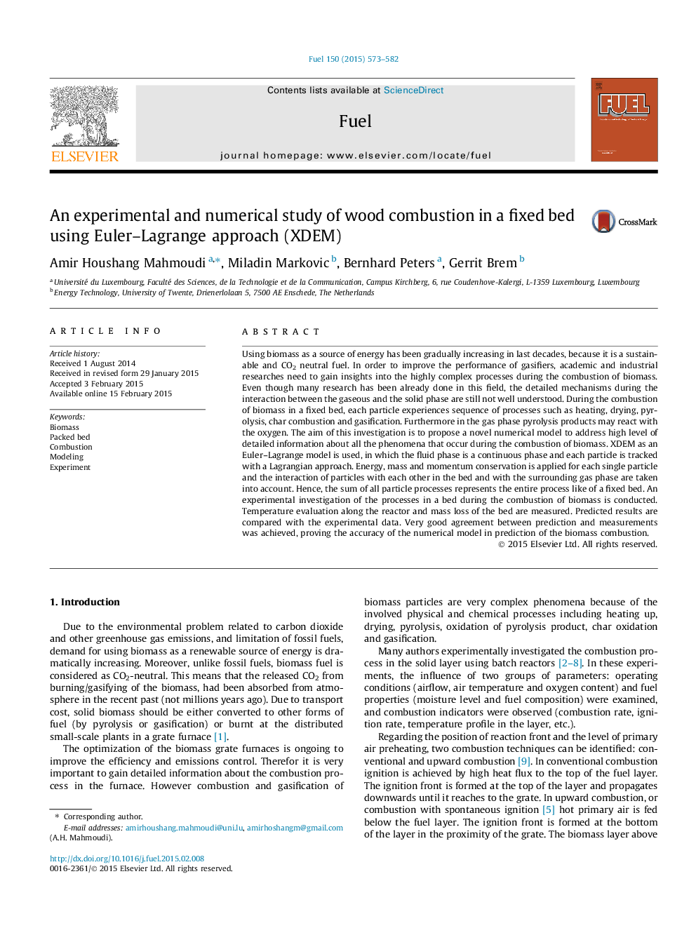 An experimental and numerical study of wood combustion in a fixed bed using Euler–Lagrange approach (XDEM)