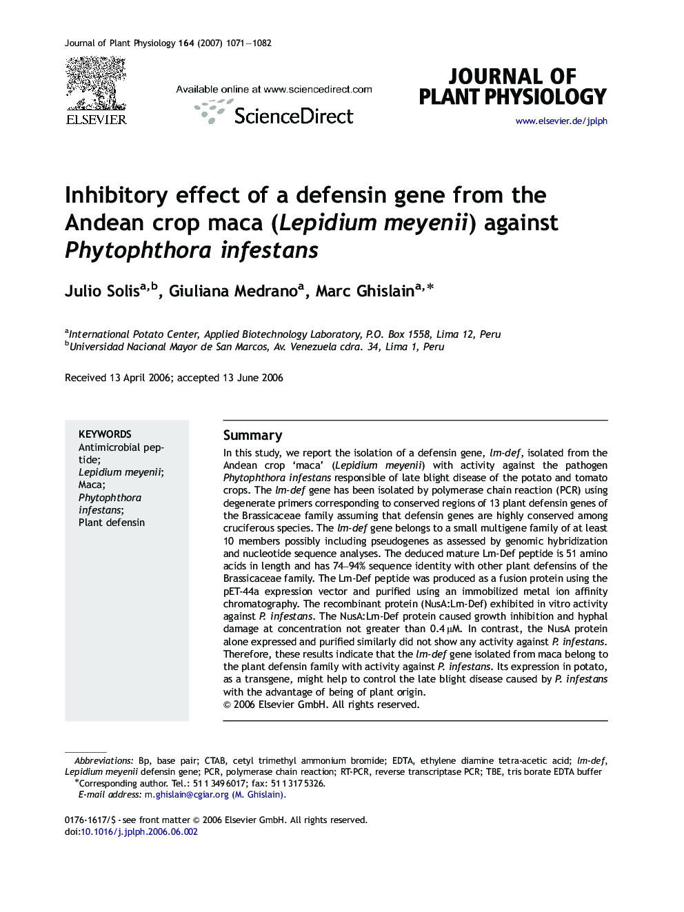 Inhibitory effect of a defensin gene from the Andean crop maca (Lepidium meyenii) against Phytophthora infestans