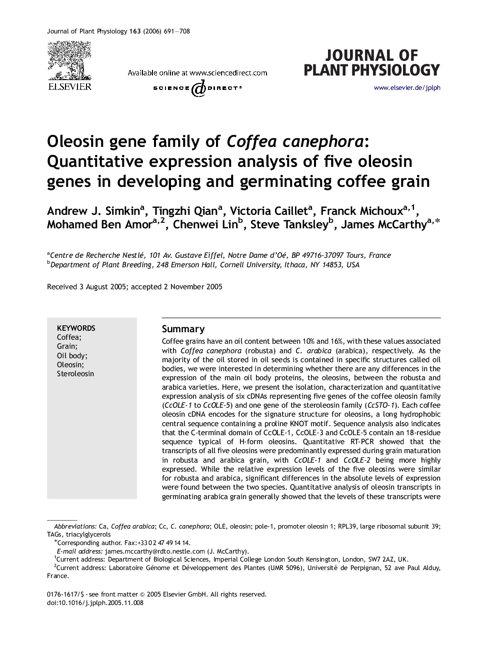 Oleosin gene family of Coffea canephora: Quantitative expression analysis of five oleosin genes in developing and germinating coffee grain