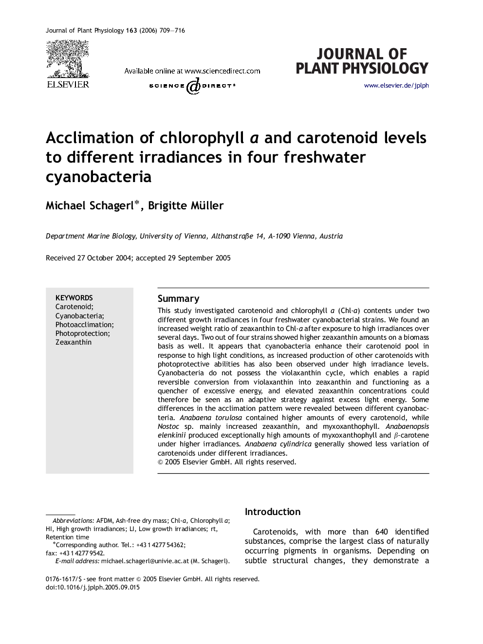 Acclimation of chlorophyll a and carotenoid levels to different irradiances in four freshwater cyanobacteria