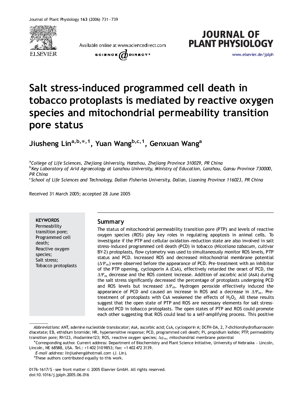 Salt stress-induced programmed cell death in tobacco protoplasts is mediated by reactive oxygen species and mitochondrial permeability transition pore status