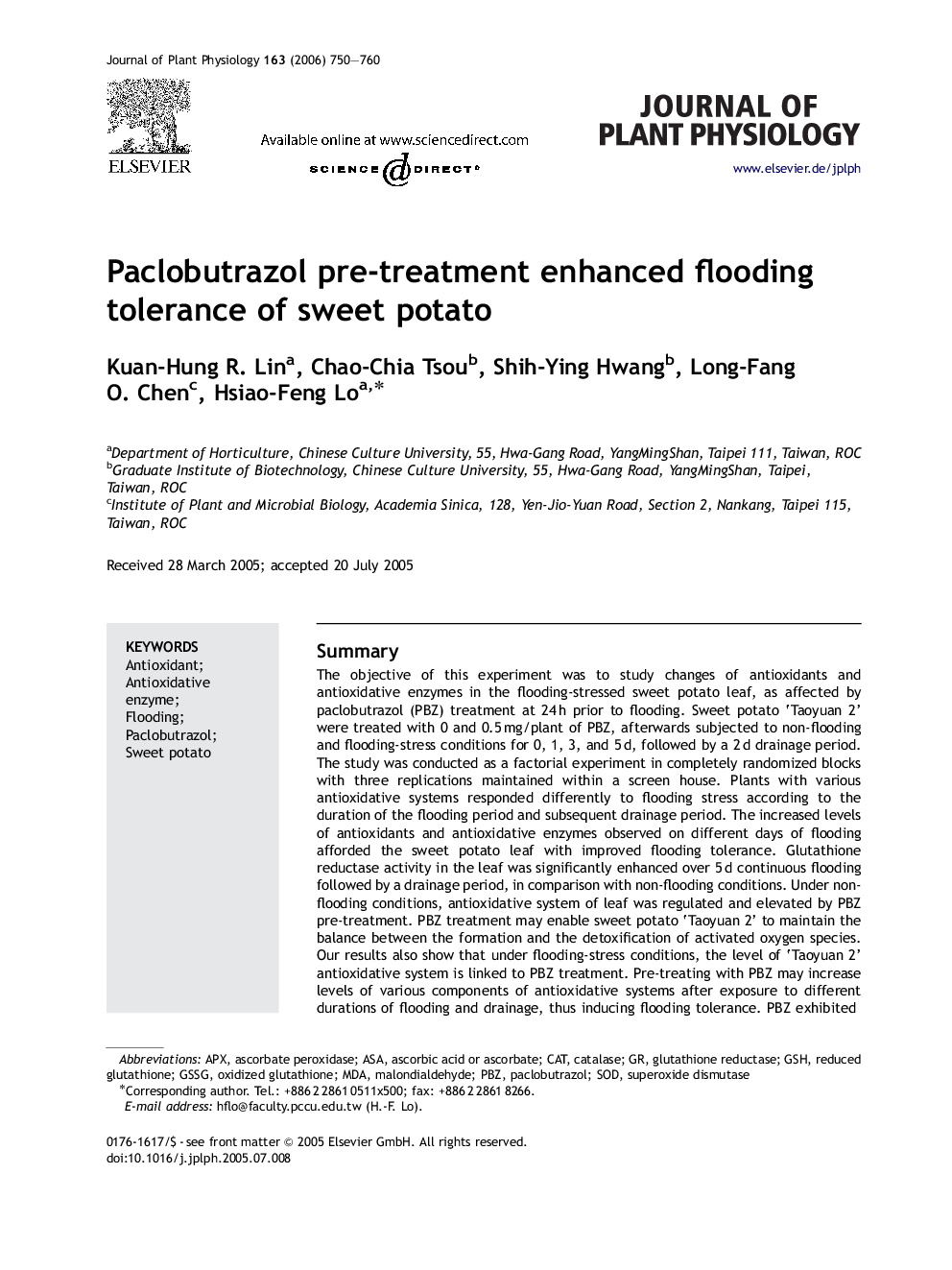 Paclobutrazol pre-treatment enhanced flooding tolerance of sweet potato