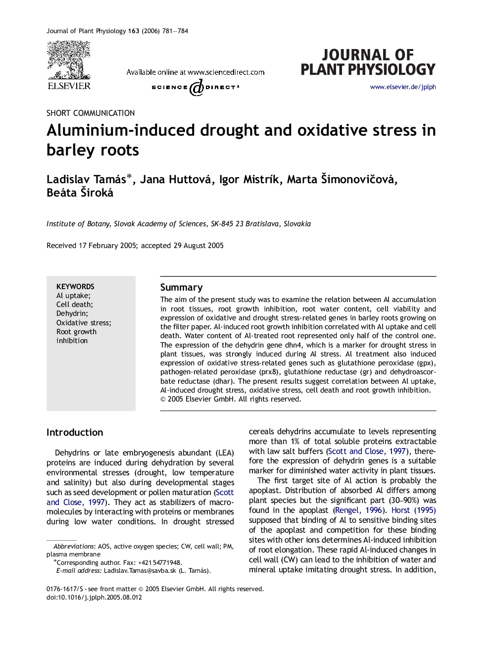 Aluminium-induced drought and oxidative stress in barley roots