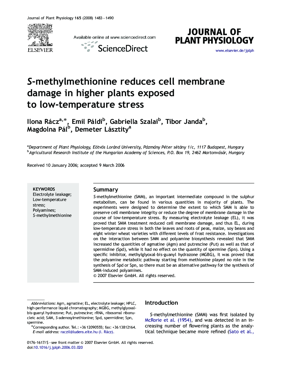 S-methylmethionine reduces cell membrane damage in higher plants exposed to low-temperature stress