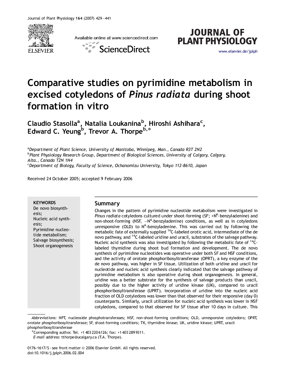 Comparative studies on pyrimidine metabolism in excised cotyledons of Pinus radiata during shoot formation in vitro