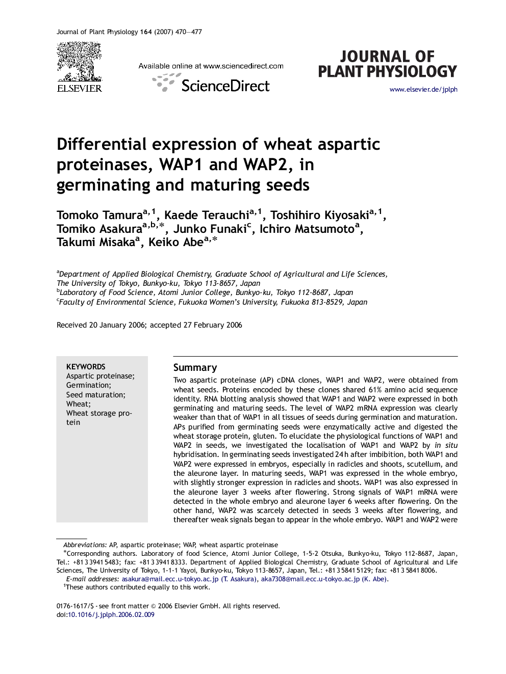 Differential expression of wheat aspartic proteinases, WAP1 and WAP2, in germinating and maturing seeds