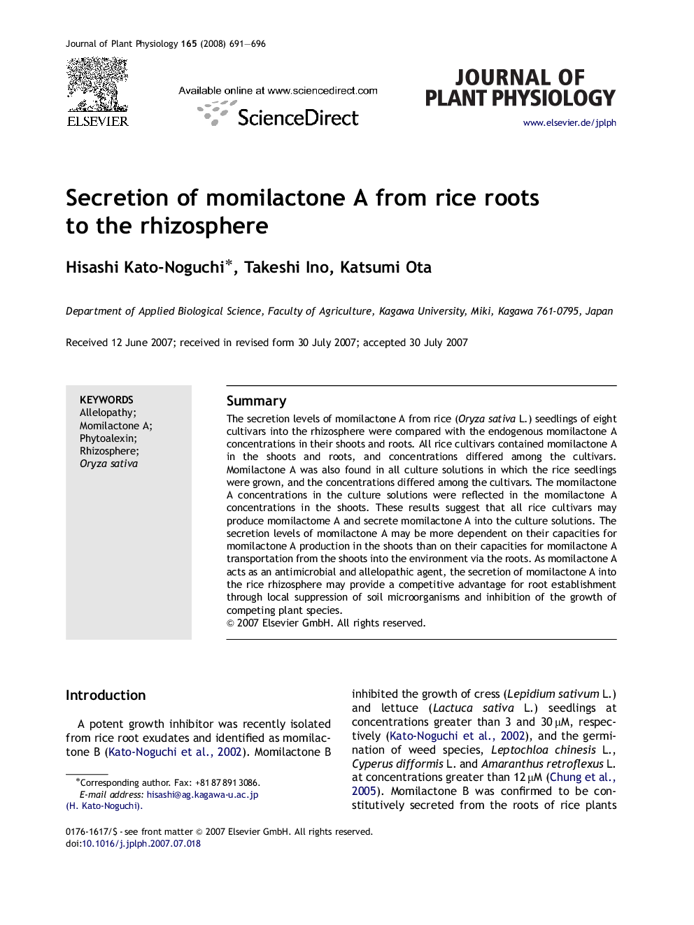 Secretion of momilactone A from rice roots to the rhizosphere