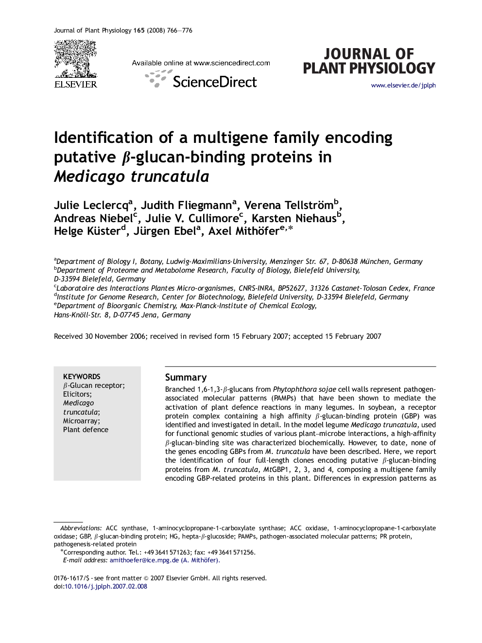 Identification of a multigene family encoding putative Î²-glucan-binding proteins in Medicago truncatula