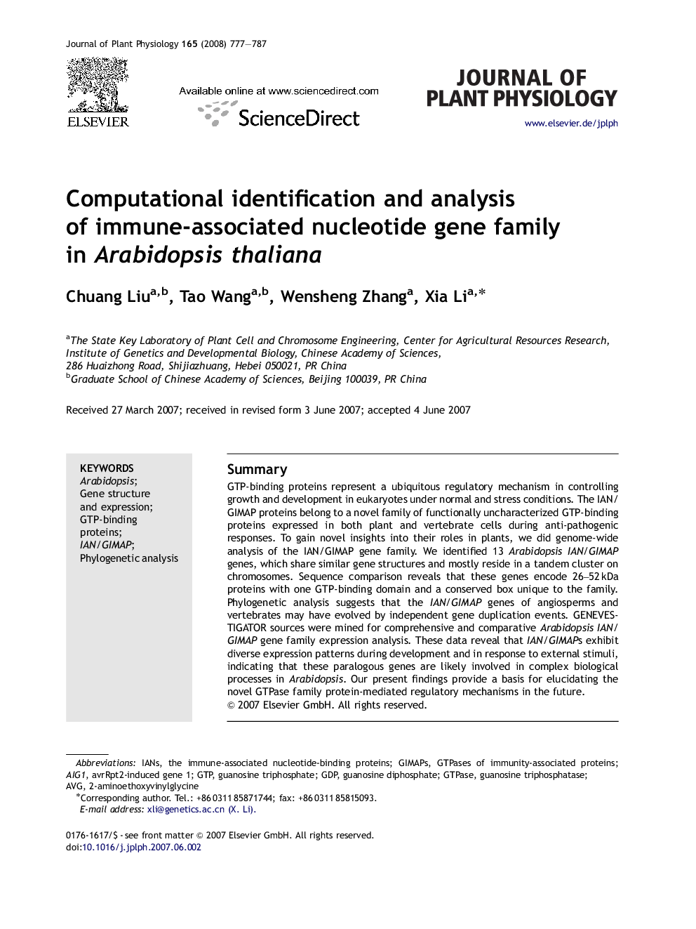 Computational identification and analysis of immune-associated nucleotide gene family in Arabidopsis thaliana