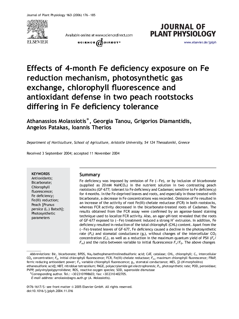 عکس صفحه اول مقاله: Effects of 4-month Fe deficiency exposure on Fe reduction mechanism, photosynthetic gas exchange, chlorophyll fluorescence and antioxidant defense in two peach rootstocks differing in Fe deficiency tolerance Effects of 4-month Fe deficiency exposure on Fe reduction mechanism, photosynthetic gas exchange, chlorophyll fluorescence and antioxidant defense in two peach rootstocks differing in Fe deficiency tolerance