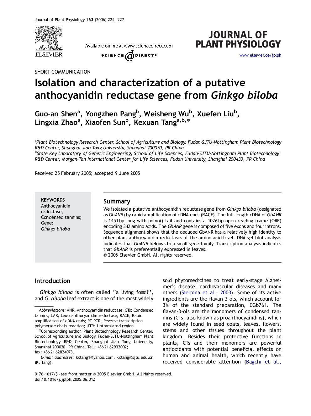 Isolation and characterization of a putative anthocyanidin reductase gene from Ginkgo biloba