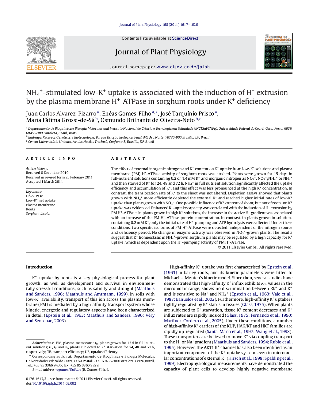 NH4+-stimulated low-K+ uptake is associated with the induction of H+ extrusion by the plasma membrane H+-ATPase in sorghum roots under K+ deficiency