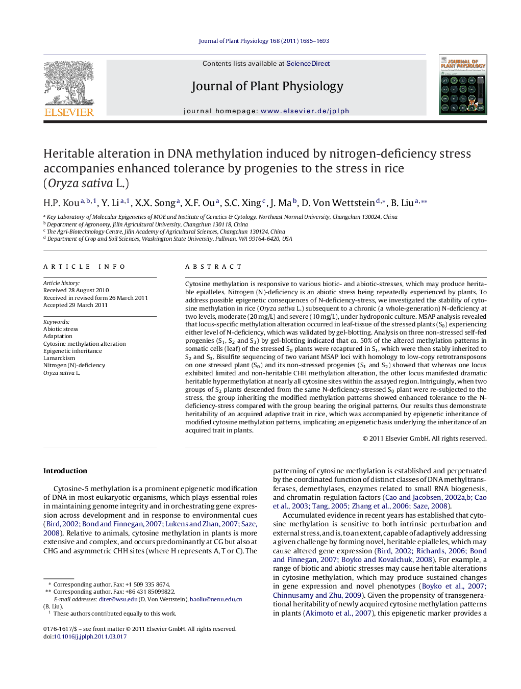 Heritable alteration in DNA methylation induced by nitrogen-deficiency stress accompanies enhanced tolerance by progenies to the stress in rice (Oryza sativa L.)