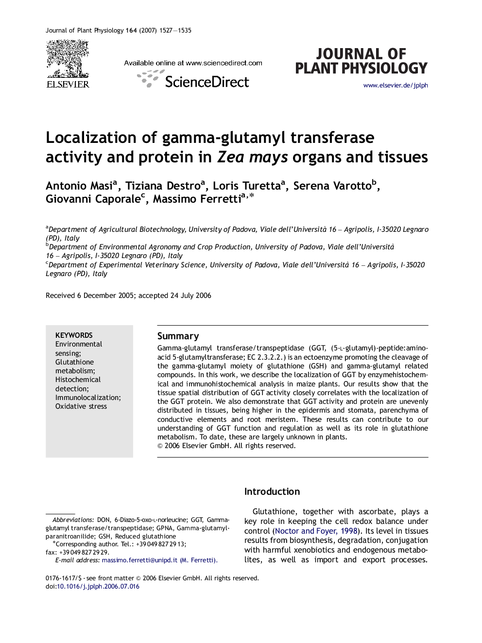 Localization of gamma-glutamyl transferase activity and protein in Zea mays organs and tissues