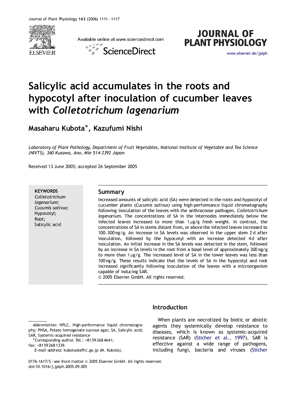 Salicylic acid accumulates in the roots and hypocotyl after inoculation of cucumber leaves with Colletotrichum lagenarium