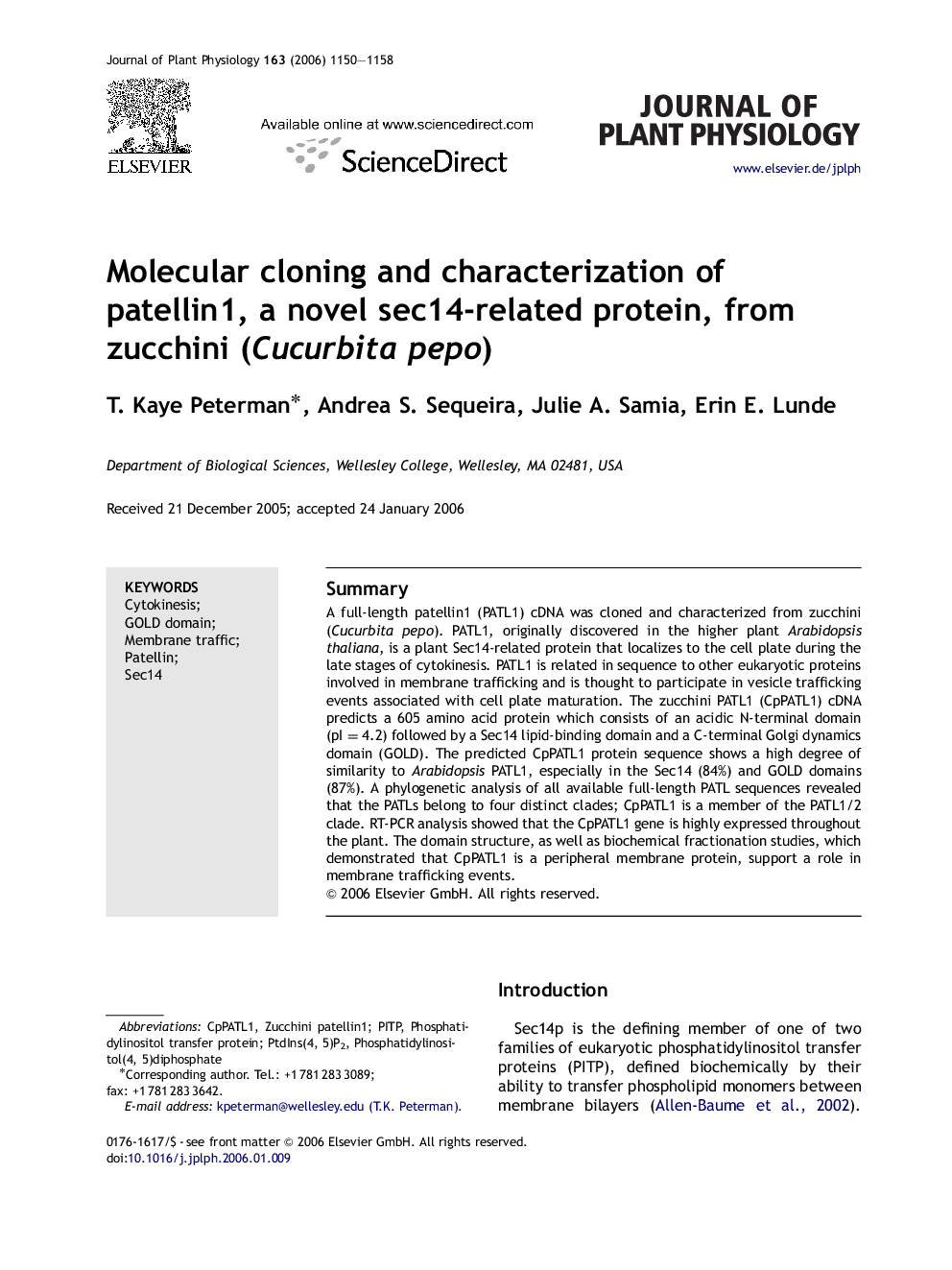 Molecular cloning and characterization of patellin1, a novel sec14-related protein, from zucchini (Cucurbita pepo)