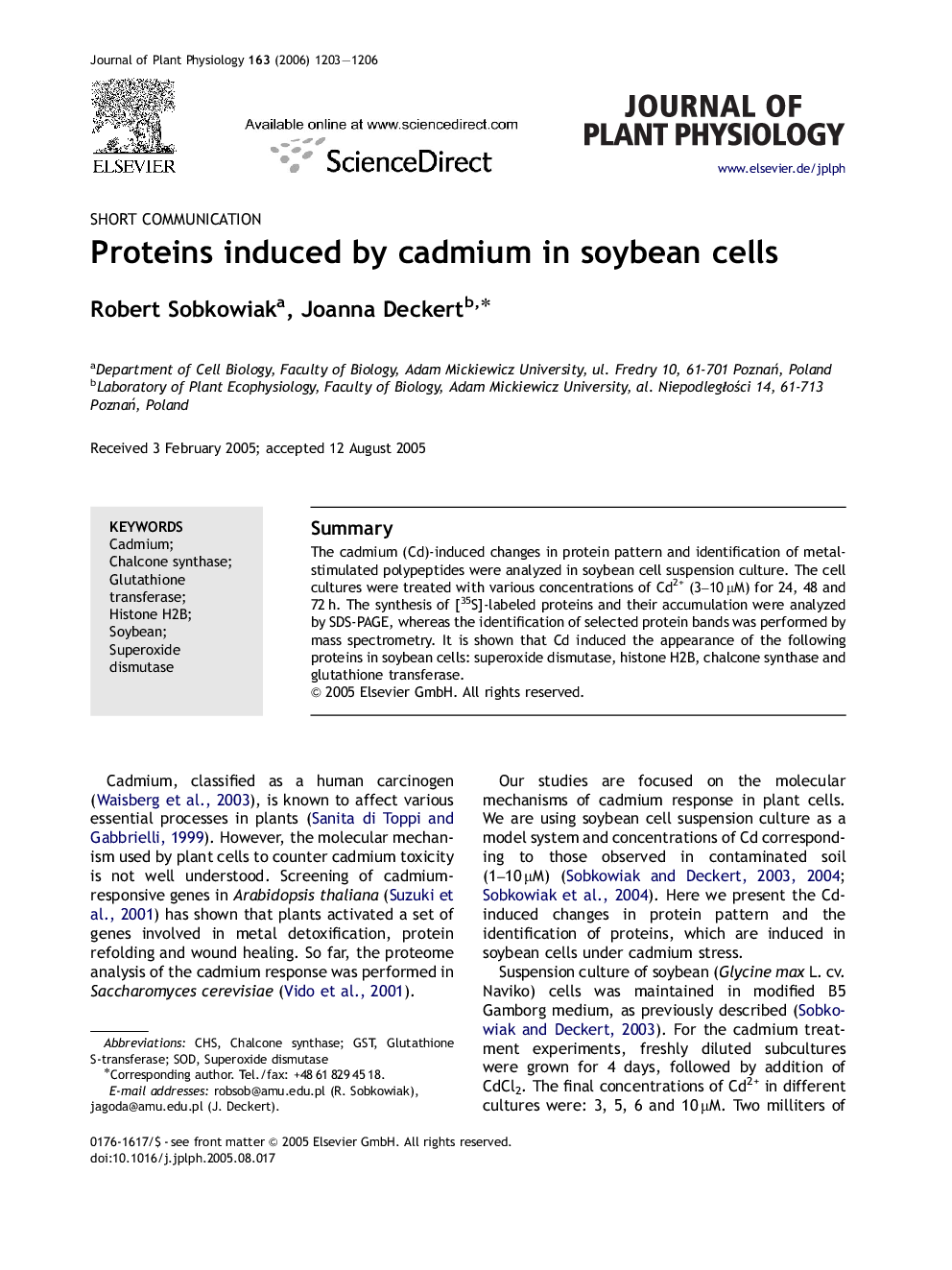 Proteins induced by cadmium in soybean cells