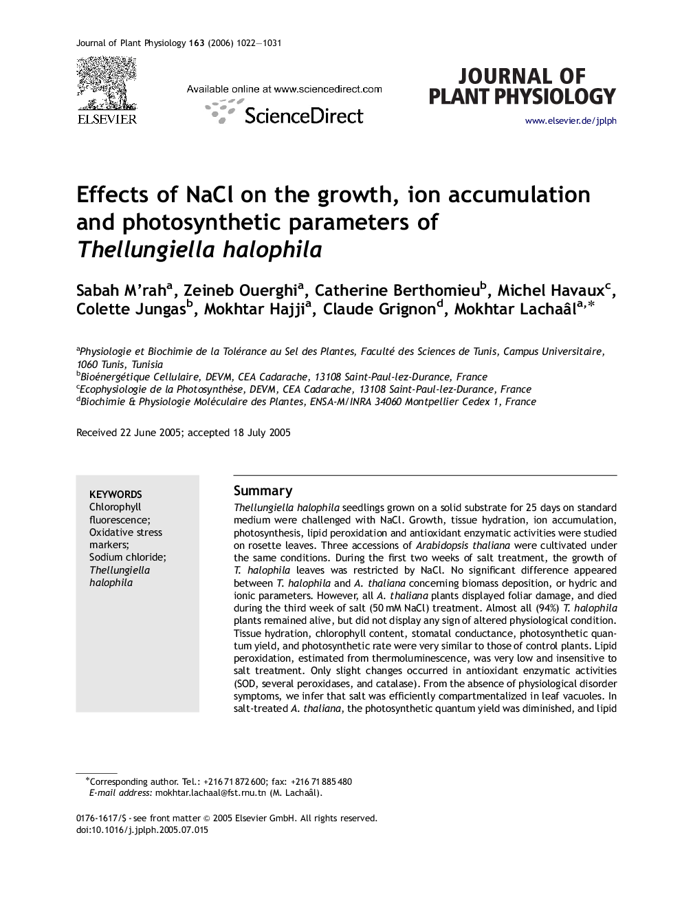 Effects of NaCl on the growth, ion accumulation and photosynthetic parameters of Thellungiella halophila