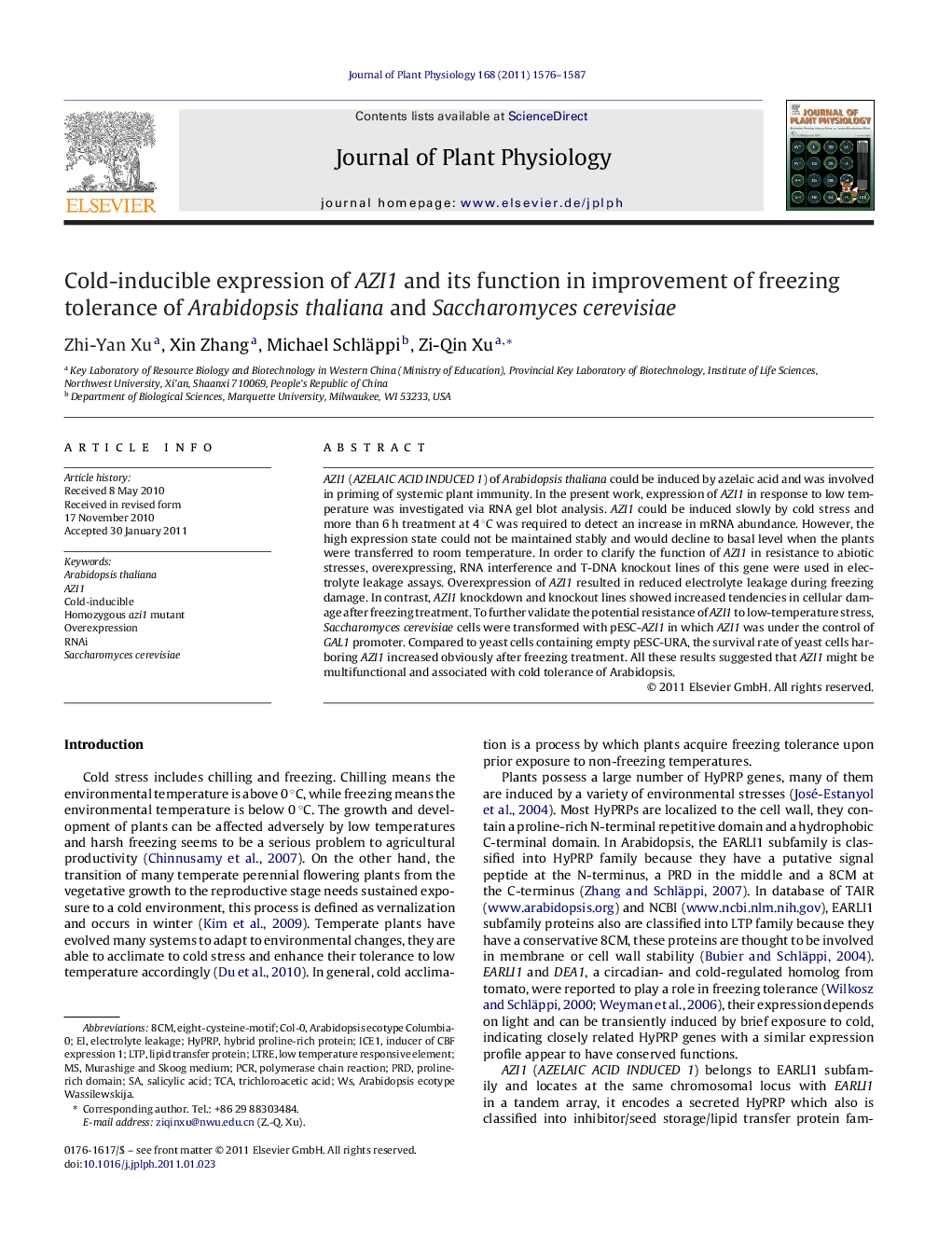 Cold-inducible expression of AZI1 and its function in improvement of freezing tolerance of Arabidopsis thaliana and Saccharomyces cerevisiae