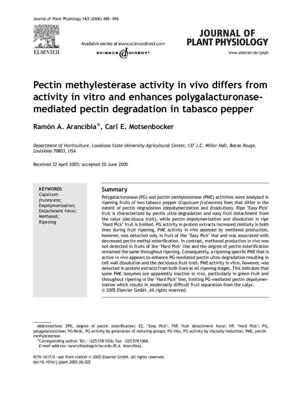 Pectin methylesterase activity in vivo differs from activity in vitro and enhances polygalacturonase-mediated pectin degradation in tabasco pepper