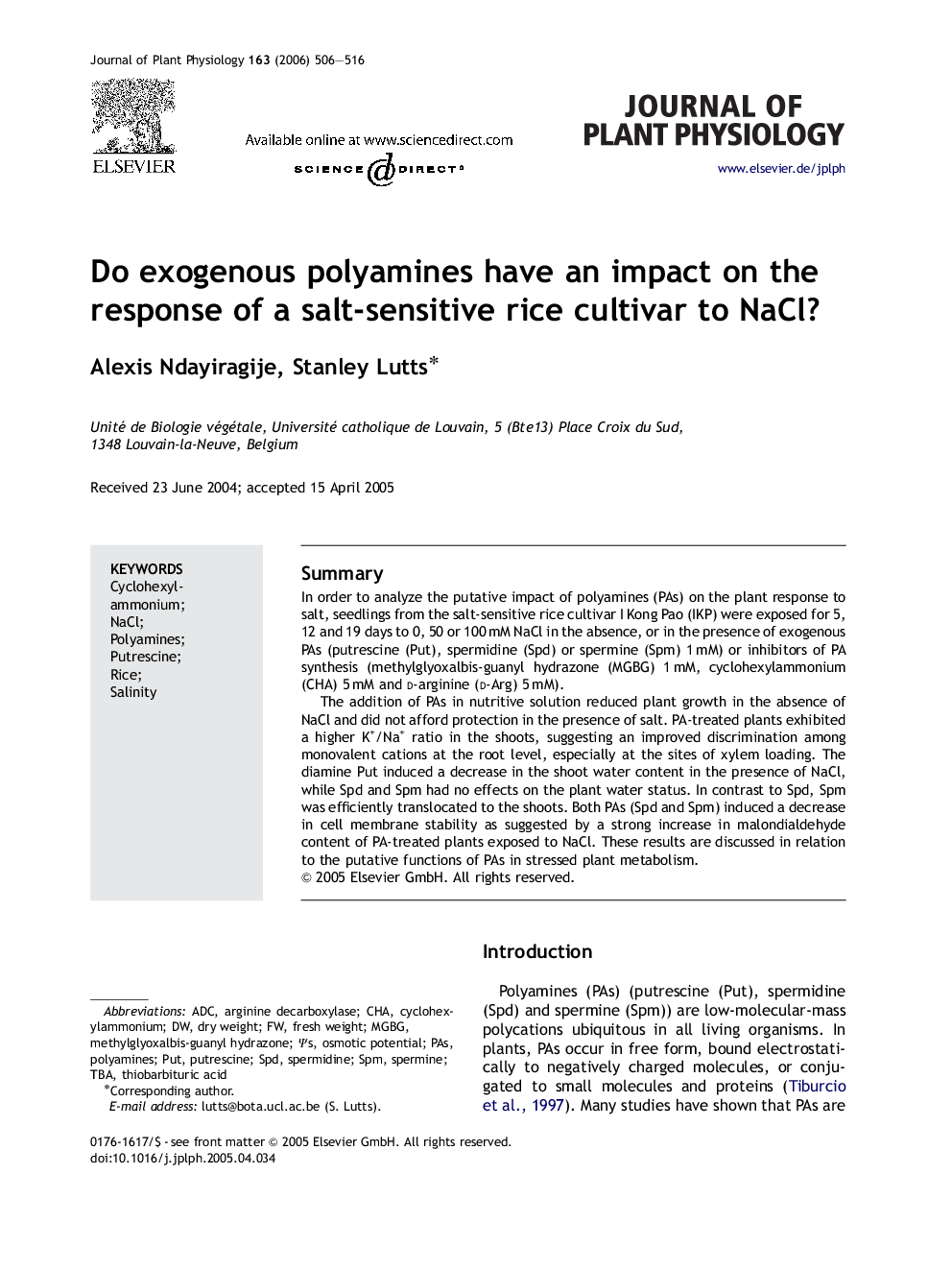 Do exogenous polyamines have an impact on the response of a salt-sensitive rice cultivar to NaCl?