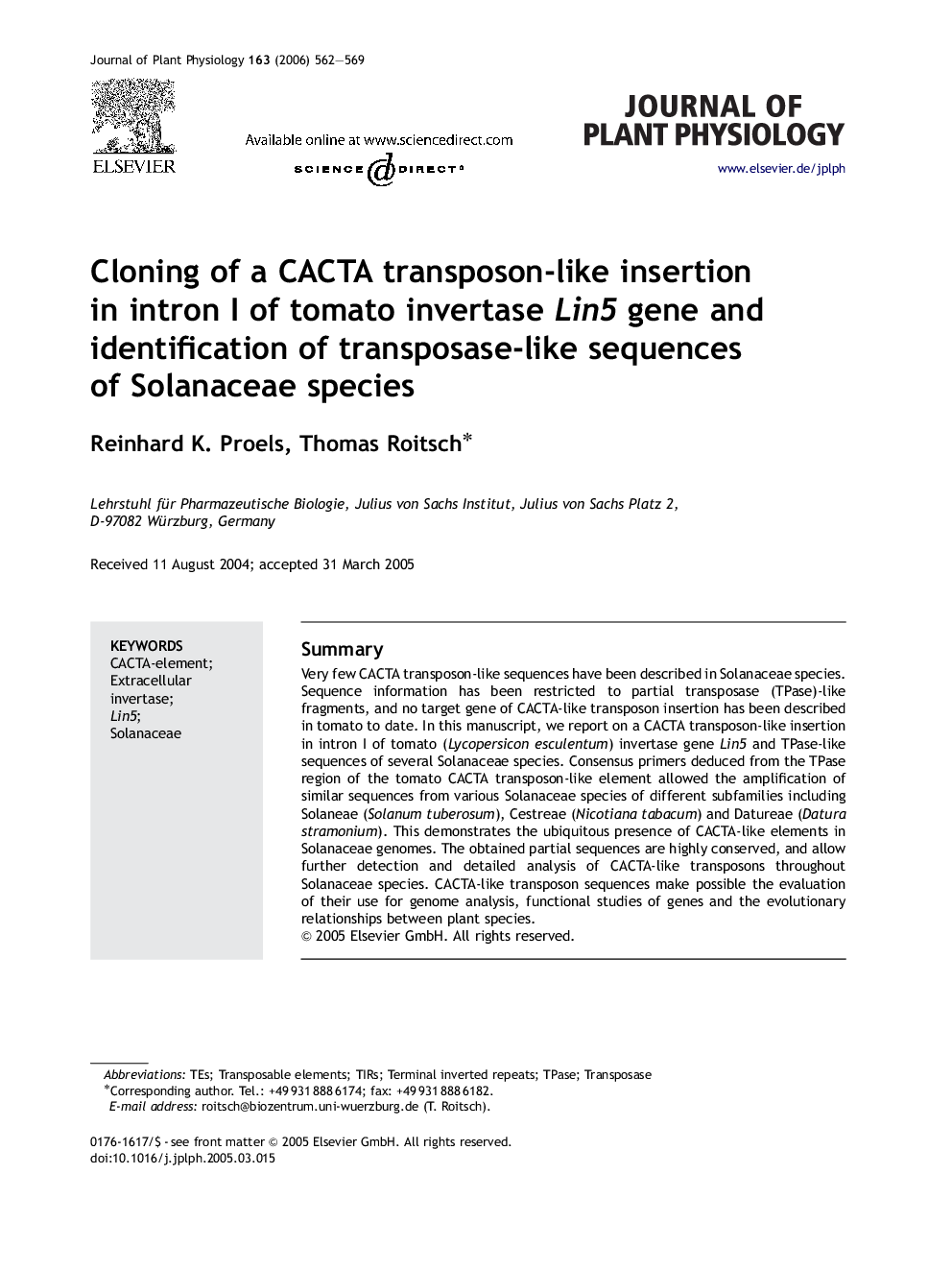 Cloning of a CACTA transposon-like insertion in intron I of tomato invertase Lin5 gene and identification of transposase-like sequences of Solanaceae species