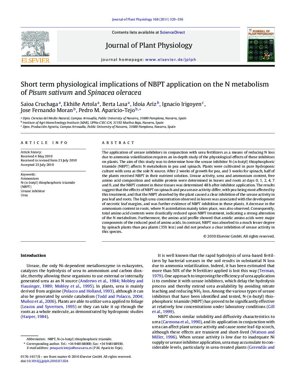 Short term physiological implications of NBPT application on the N metabolism of Pisum sativum and Spinacea oleracea