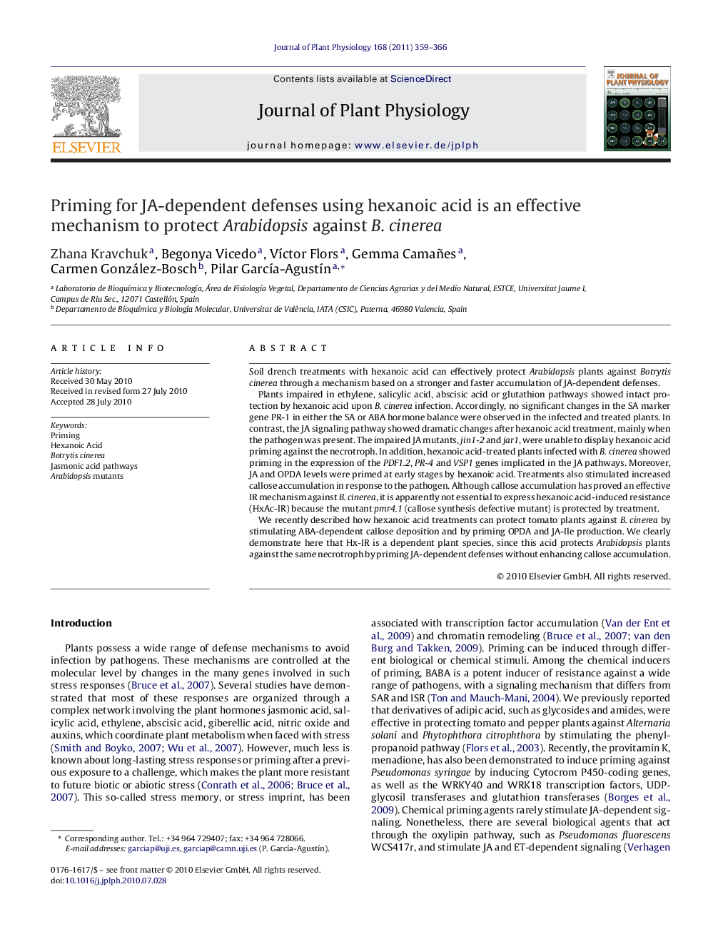 Priming for JA-dependent defenses using hexanoic acid is an effective mechanism to protect Arabidopsis against B. cinerea