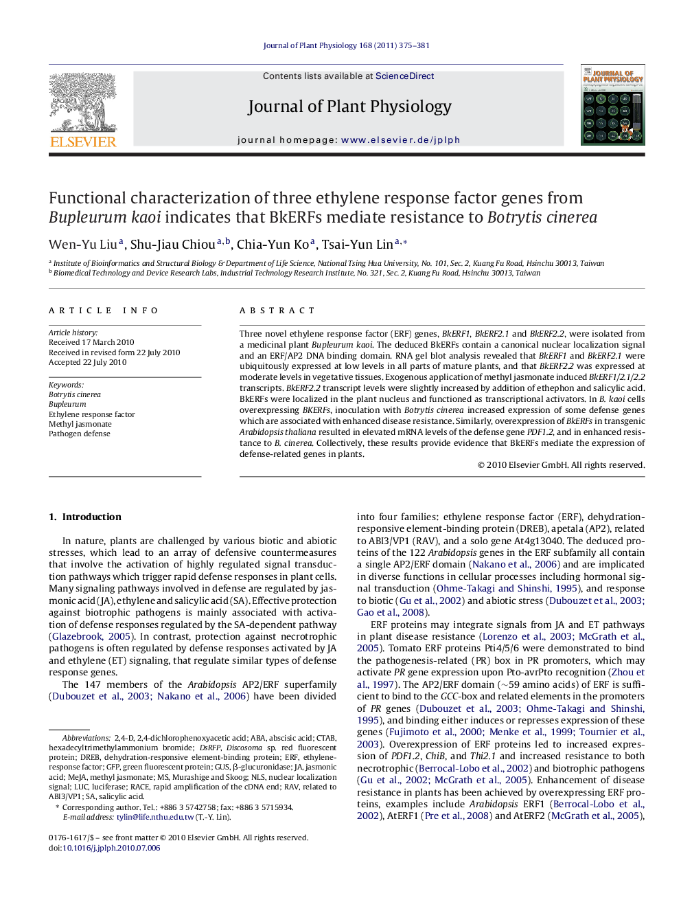 Functional characterization of three ethylene response factor genes from Bupleurum kaoi indicates that BkERFs mediate resistance to Botrytis cinerea