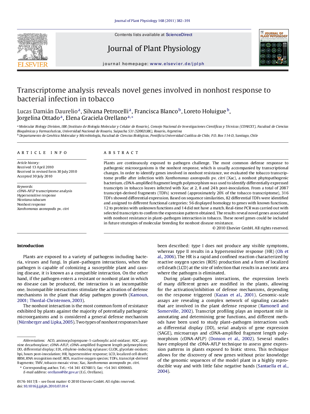 Transcriptome analysis reveals novel genes involved in nonhost response to bacterial infection in tobacco