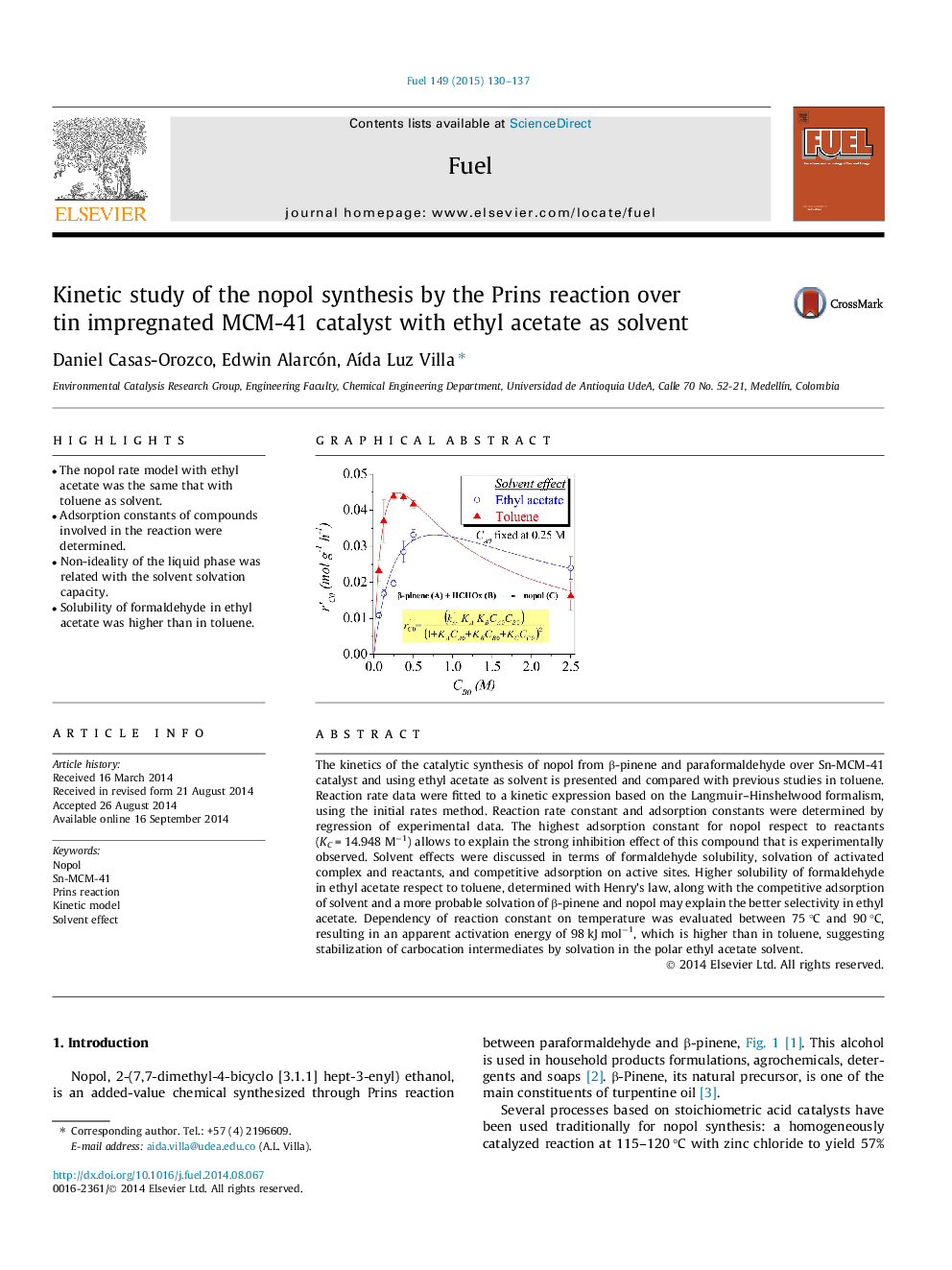 Kinetic study of the nopol synthesis by the Prins reaction over tin impregnated MCM-41 catalyst with ethyl acetate as solvent