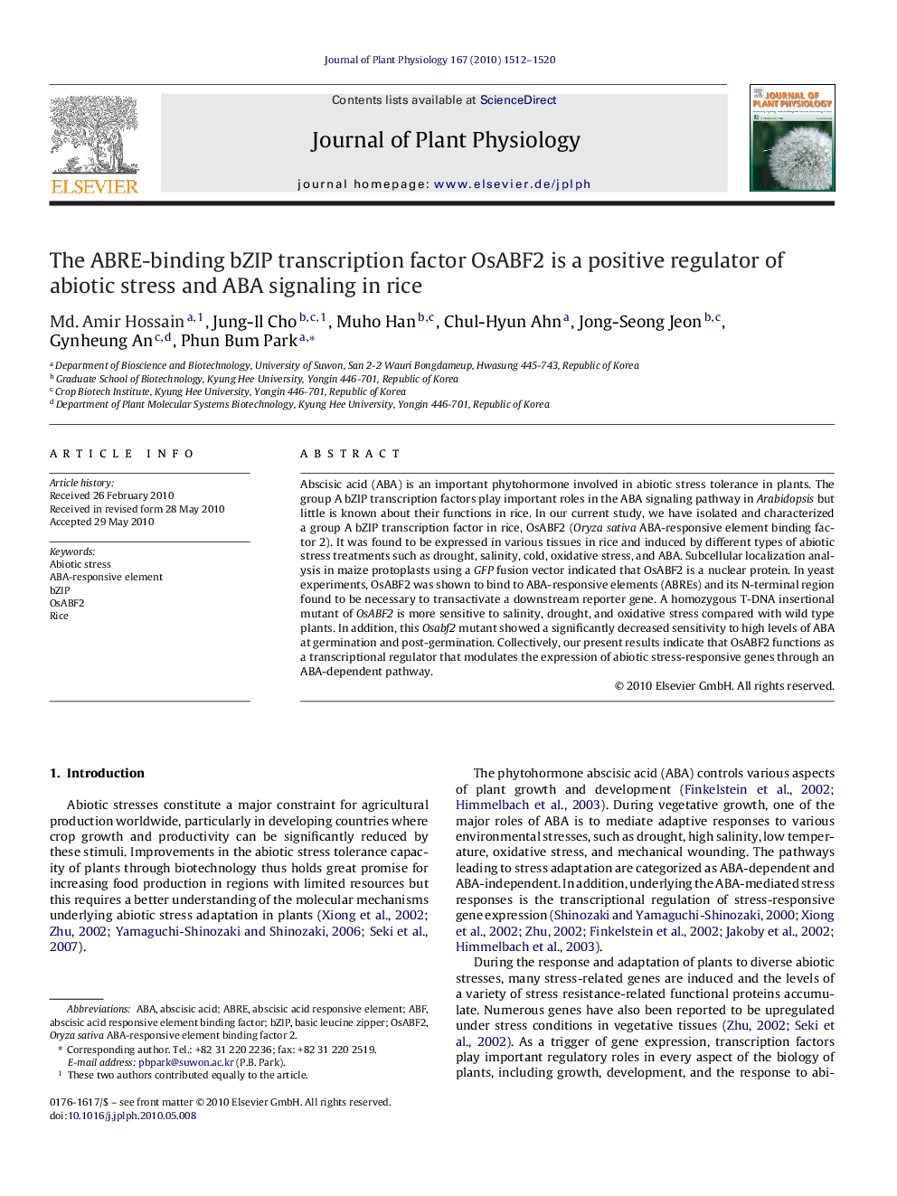 The ABRE-binding bZIP transcription factor OsABF2 is a positive regulator of abiotic stress and ABA signaling in rice