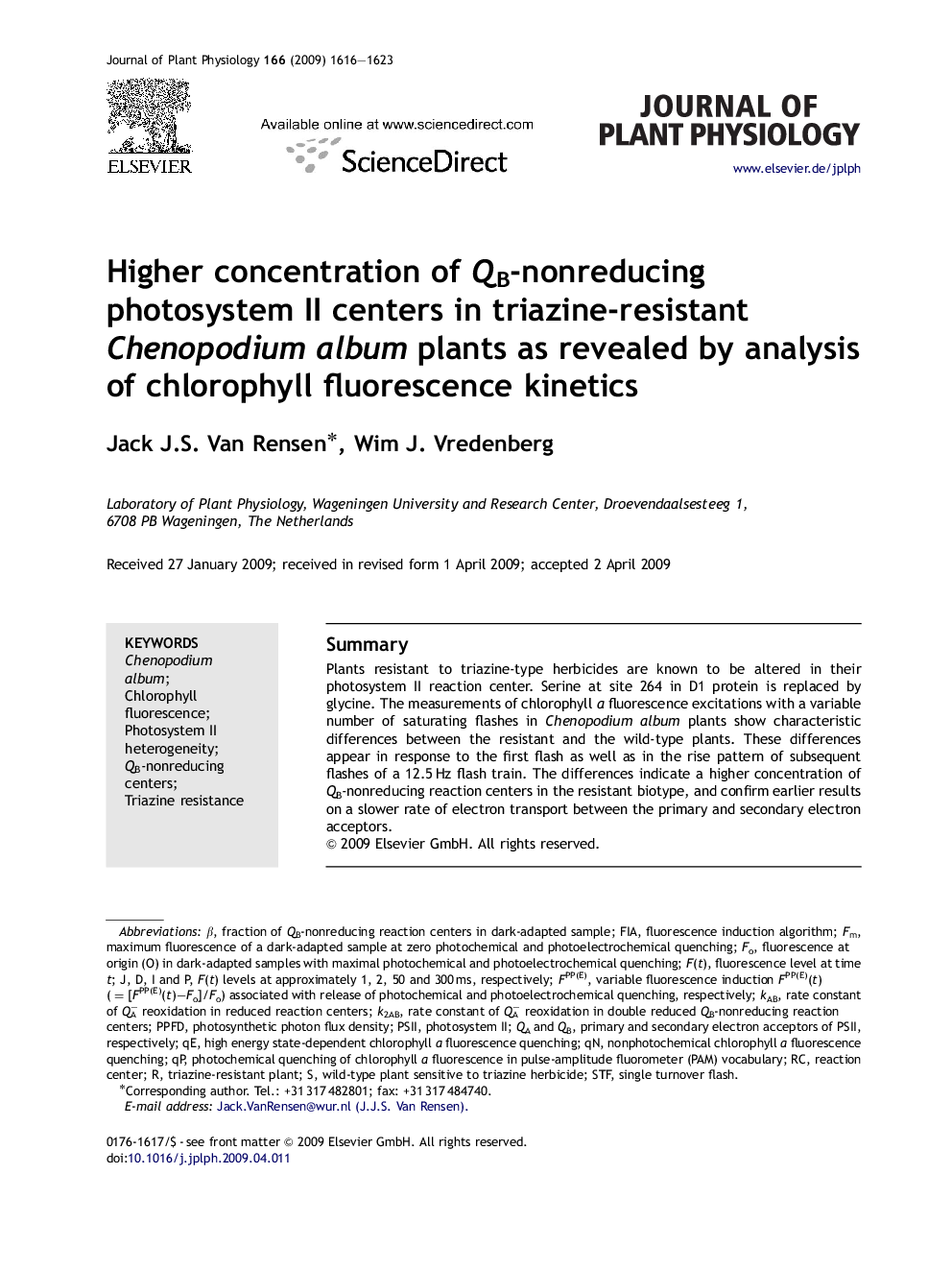 Higher concentration of QB-nonreducing photosystem II centers in triazine-resistant Chenopodium album plants as revealed by analysis of chlorophyll fluorescence kinetics