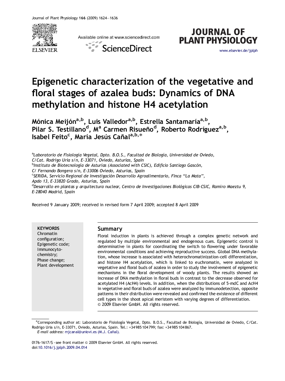 Epigenetic characterization of the vegetative and floral stages of azalea buds: Dynamics of DNA methylation and histone H4 acetylation