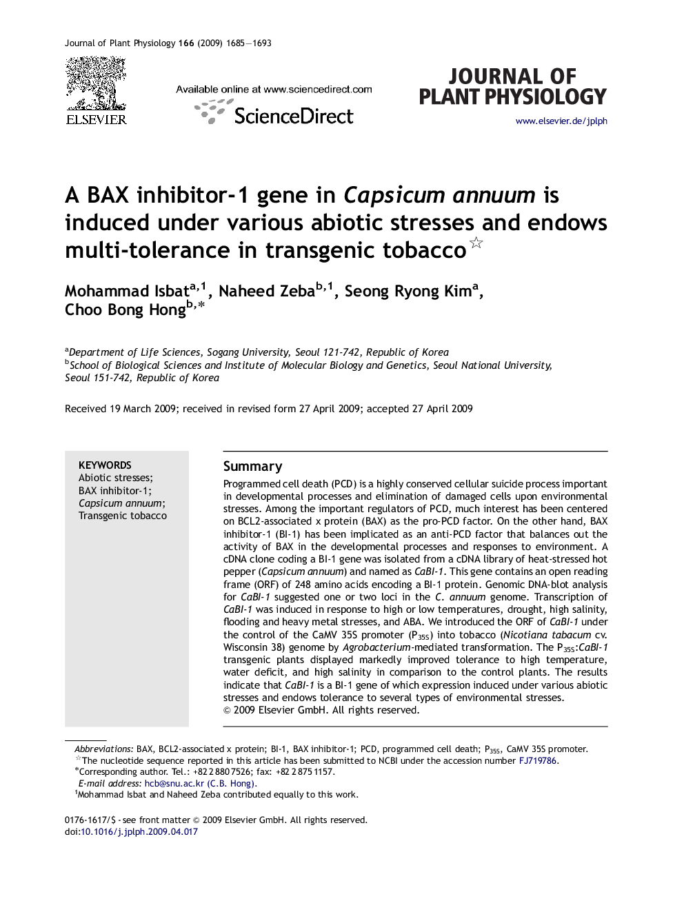 A BAX inhibitor-1 gene in Capsicum annuum is induced under various abiotic stresses and endows multi-tolerance in transgenic tobacco 