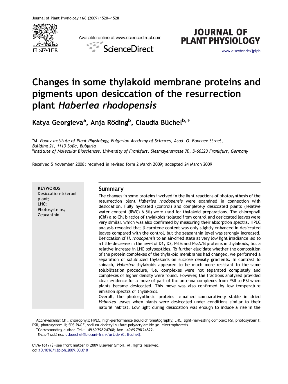 Changes in some thylakoid membrane proteins and pigments upon desiccation of the resurrection plant Haberlea rhodopensis