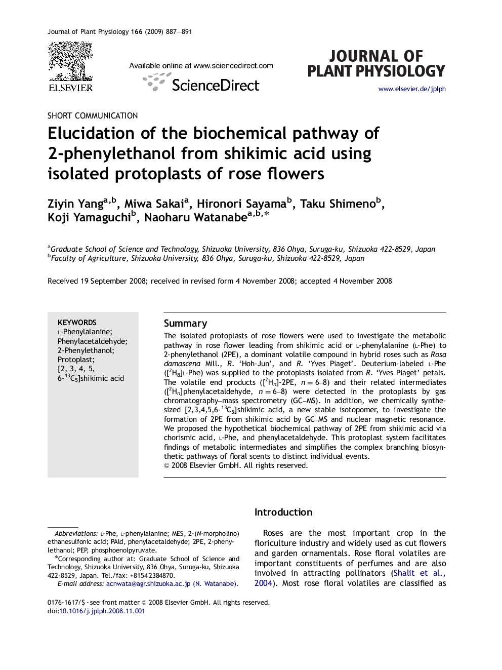 Elucidation of the biochemical pathway of 2-phenylethanol from shikimic acid using isolated protoplasts of rose flowers