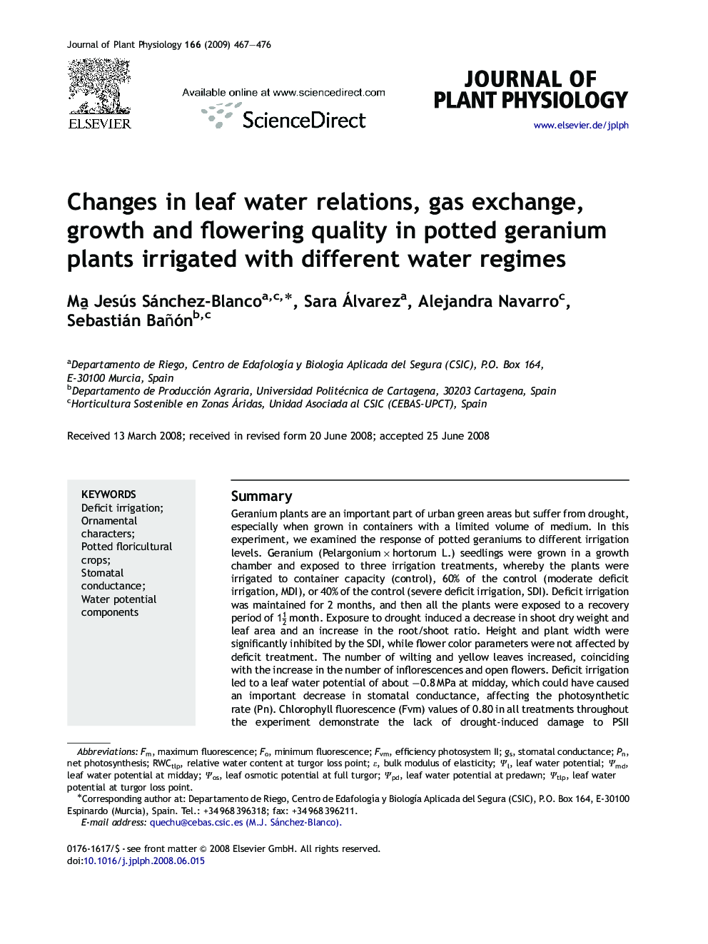 Changes in leaf water relations, gas exchange, growth and flowering quality in potted geranium plants irrigated with different water regimes