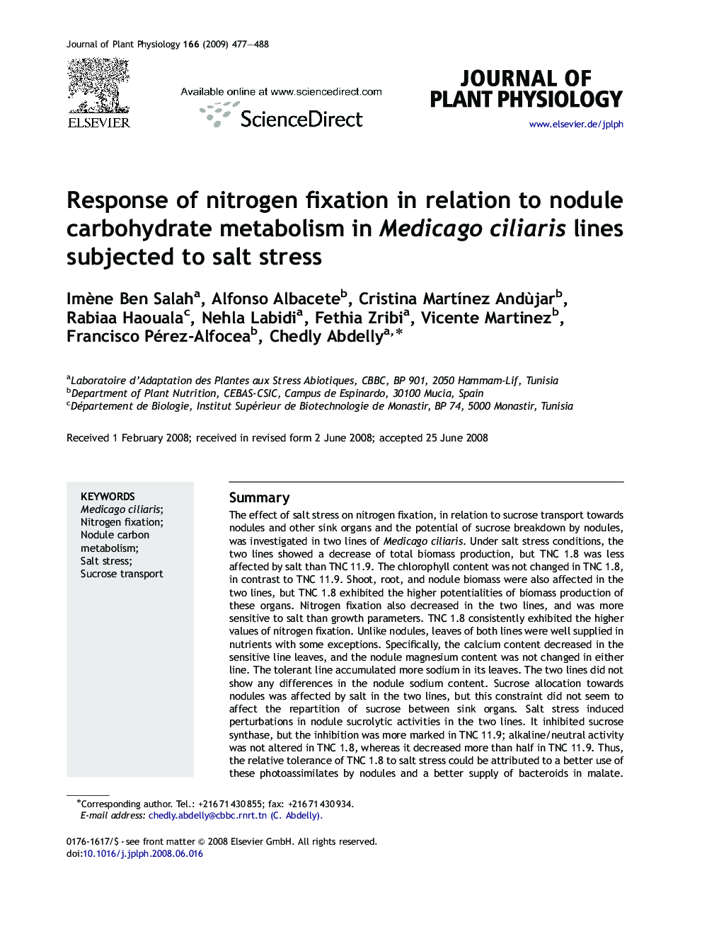 Response of nitrogen fixation in relation to nodule carbohydrate metabolism in Medicago ciliaris lines subjected to salt stress